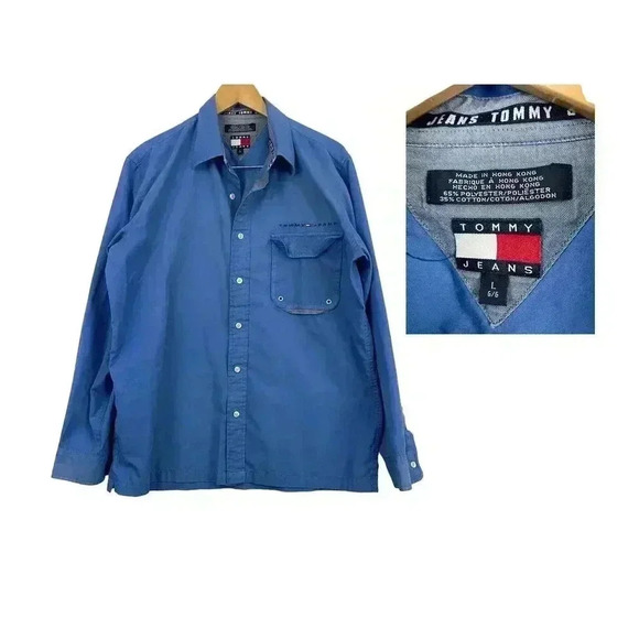 VTG Tommy Jeans Blue Long Sleeve Shirt LARGE Men's Hilfiger Y2K Collared - Picture 1 of 12